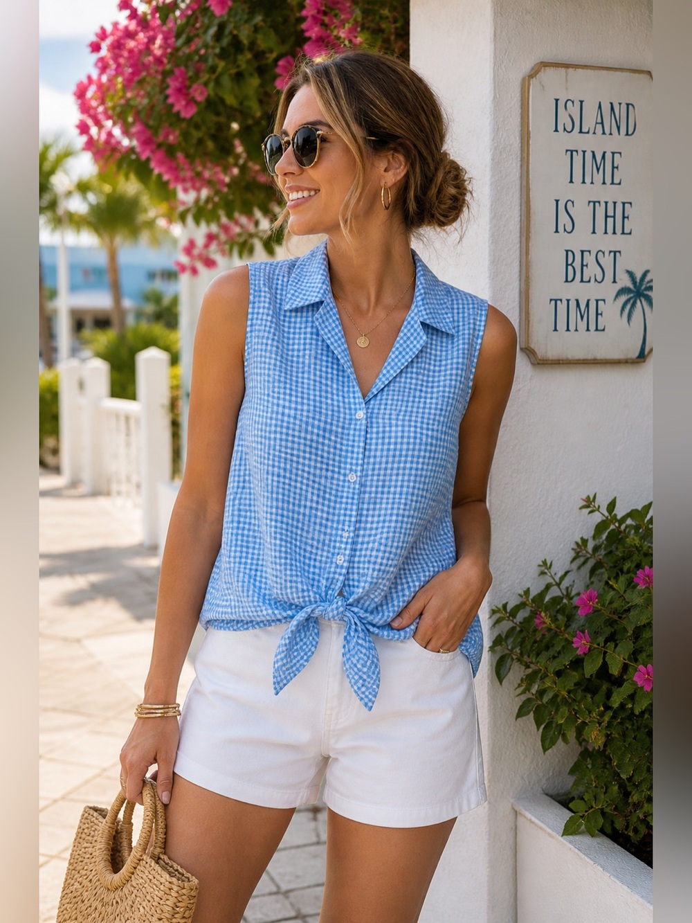 Tommy Bahama Linen Gingham Tie Front Sleeveless Camp Shirt Blue L tie front